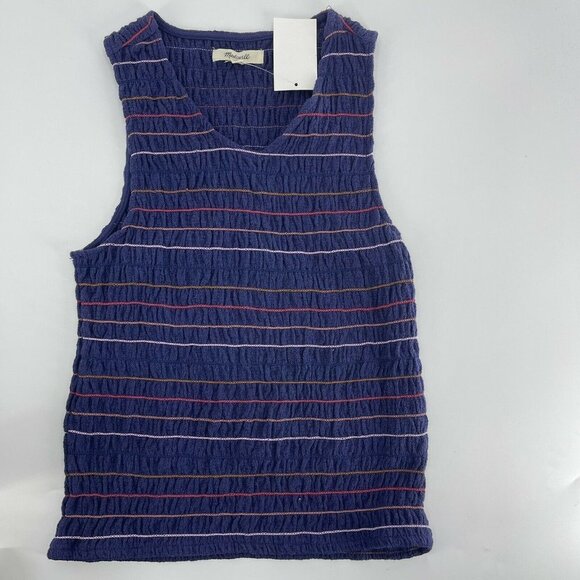 Madewell Texture & Thread Rainbow-Stitch Blue Smocked Tank, Size X-Small - Blue - Picture 2 of 3
